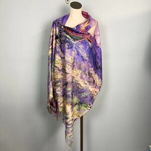 Sailboat Painting Print Fringed Button Scarf Shall Wrap Poncho Purple Women's OS